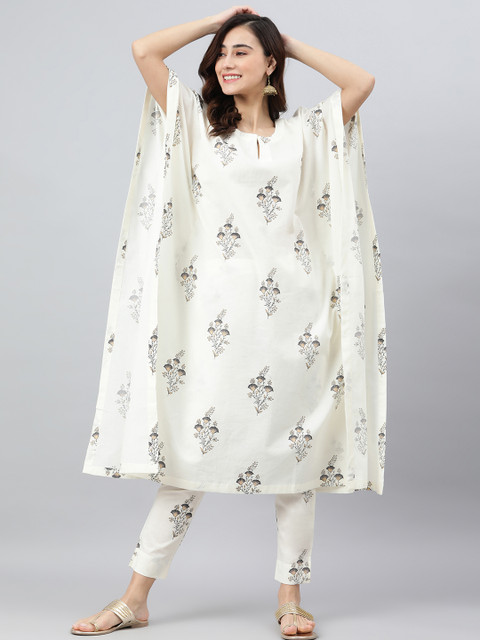 

Janasya Women Cream-Coloured Floral Printed Pure Cotton Kurta with Trousers