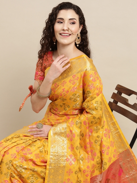 

Mitera Yellow Ethnic Motifs Zari Banarasi Saree