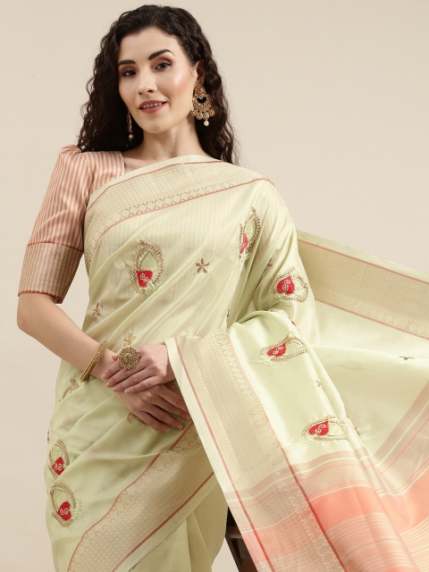 

Mitera Olive Green Ethnic Motifs Zari Organza Saree