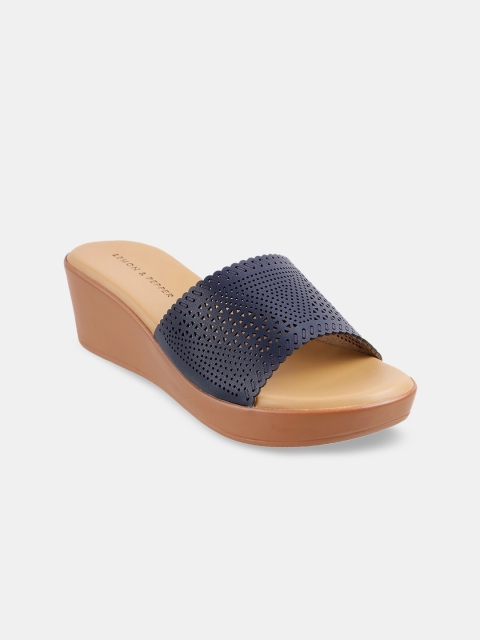 

LEMON & PEPPER Blue Printed PU Wedge Mules with Laser Cuts