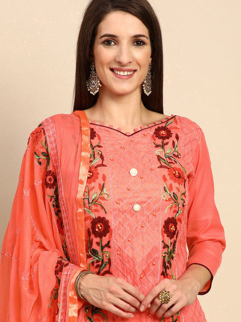 

Shaily Coral Pink & Maroon Embroidered Unstitched Dress Material