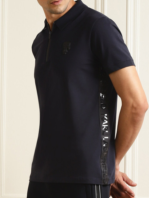 

LAGERFELD Men Navy Blue Pure Cotton Polo Collar Applique T-shirt