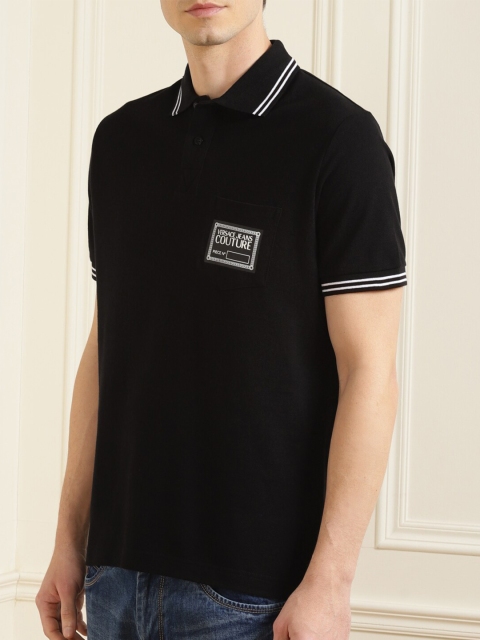 

Versace Jeans Couture Men Black Pure Cotton Polo Collar Pockets T-shirt