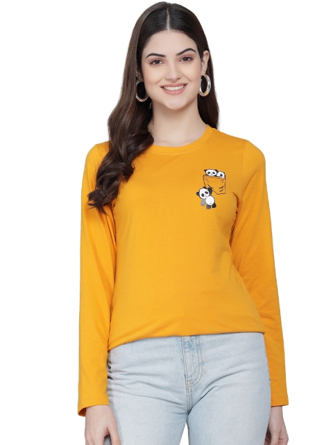 

PockMAN Women Mustard Yellow Solid Round Neck T-shirt with Print Detail
