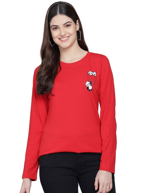 

PockMAN Women Red Solid Cotton T-shirt