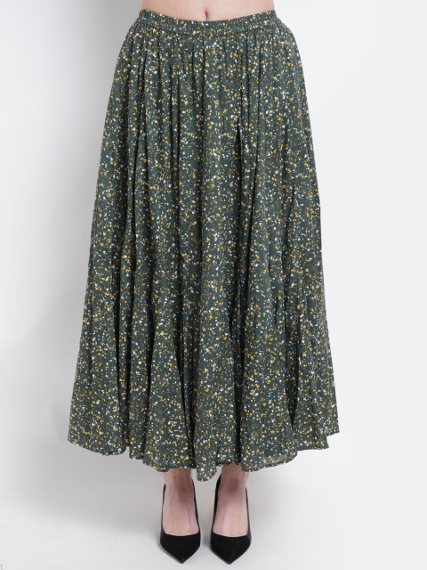 

Purple State Woman Green & Yellow Printed Midi Skirt