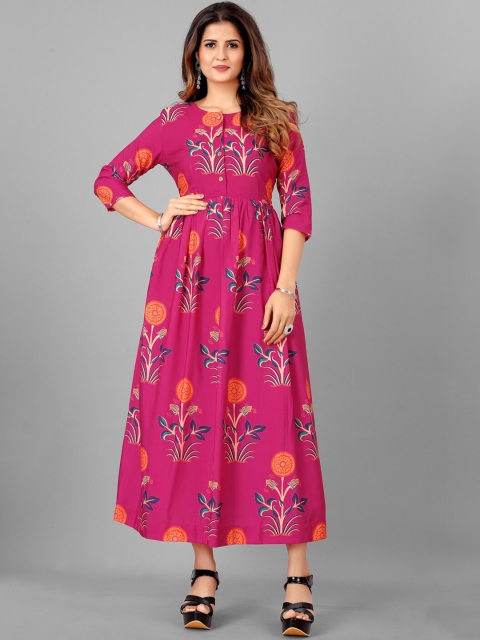 

SHOPGARB Pink & Blue Floral Printed Ethnic Cotton Silk Maxi Dress