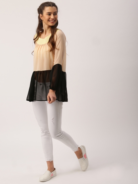 

DressBerry Women Peach & Black Colourblocked Sheer Top