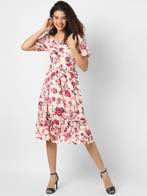 

Campus Sutra Peach-Coloured Floral Net A-Line Midi Dress