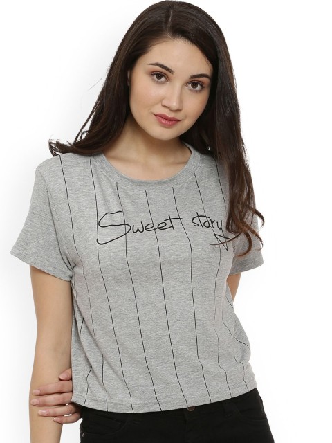 

Campus Sutra Grey Striped Pure Cotton Knitted Crop Top