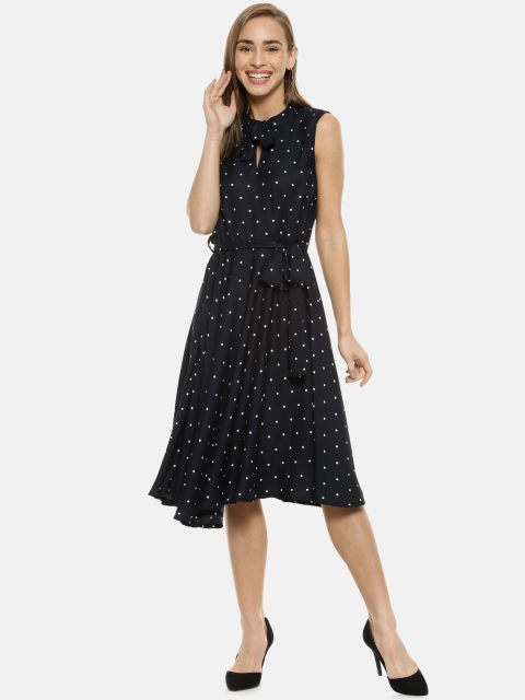 

Campus Sutra Navy Blue & White Tie-Up Neck Fit & Flare Dress