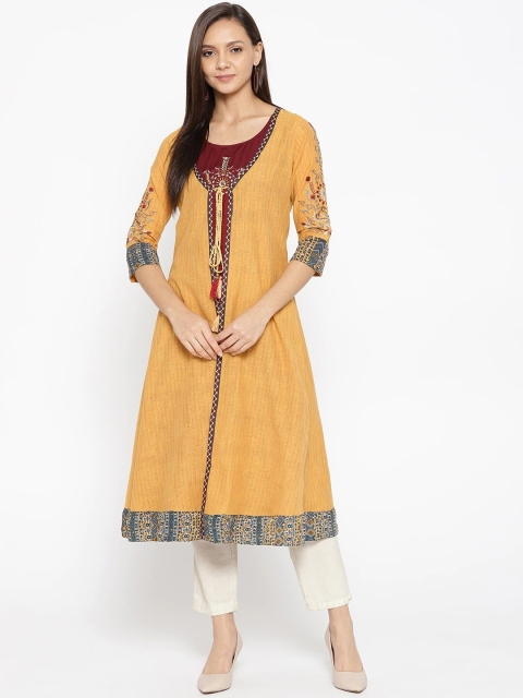 

Be Indi Women Mustard Yellow & Maroon Embroidered A-line Kurta