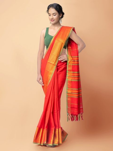 

Unnati Silks Red & Green Woven Design Pure Cotton Narayan Peth Saree