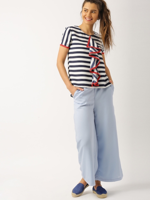 

DressBerry Women Navy Blue & White Striped Ruffled Top