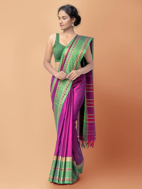 

Unnati Silks Purple & Green Ethnic Motifs Pure Cotton Narayan Peth Saree