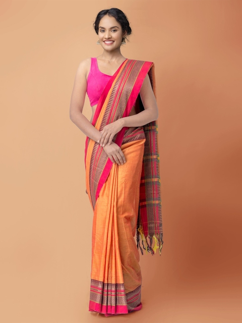 

Unnati Silks Orange & Magenta Pure Cotton Handloom Sustainable Narayan Peth Saree