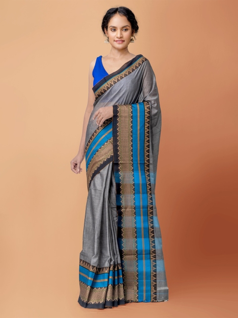 

Unnati Silks Grey & Blue Pure Cotton Handloom Sustainable Narayan Peth Saree