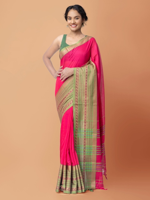 

Unnati Silks Pink & Green Woven Design Pure Cotton Narayanpeth Saree