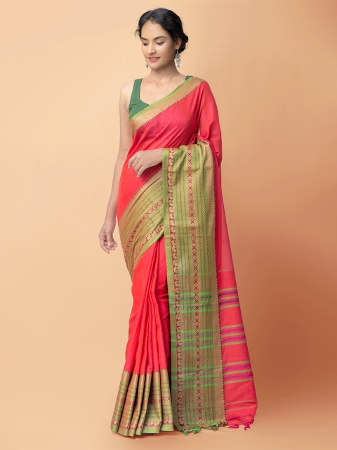 

Unnati Silks Pink & Green Woven Design Zari Pure Cotton Narayan Peth Saree