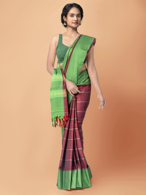 

Unnati Silks Maroon & Green Striped Pure Cotton Handloom Sustainable Narayan Peth Saree