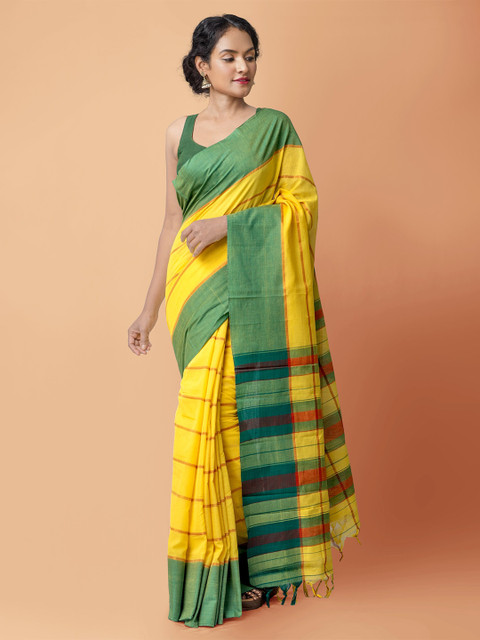 

Unnati Silks Yellow & Green Handloom Sustainable Pure Cotton Narayan Peth Saree