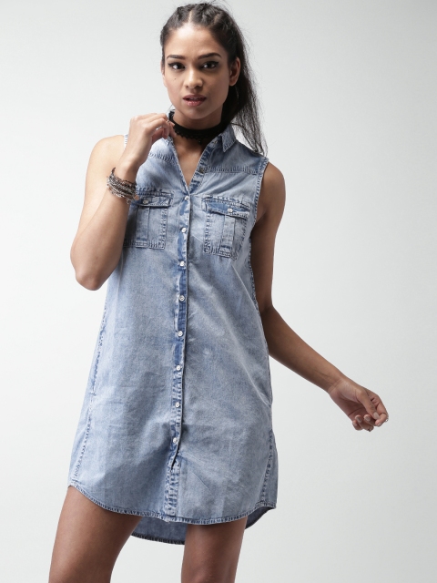 

LOVE GEN Women Blue Solid Denim Shirt Dress