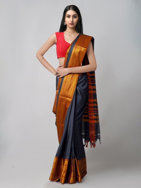 

Unnati Silks Grey & Red Ethnic Motifs Zari Pure Cotton Narayan Peth Saree