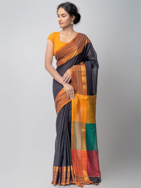 

Unnati Silks Black & Gold-Toned Woven Design Zari Pure Cotton Narayan Peth Saree