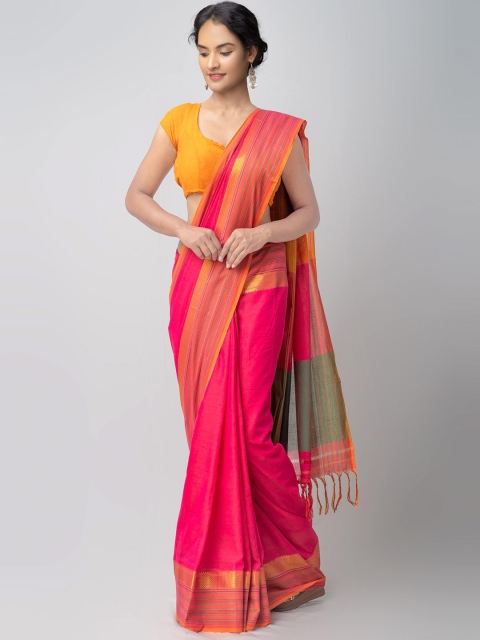 

Unnati Silks Pink & Orange Zari Pure Cotton Handloom Sustainable Pavani Narayan Peth Saree