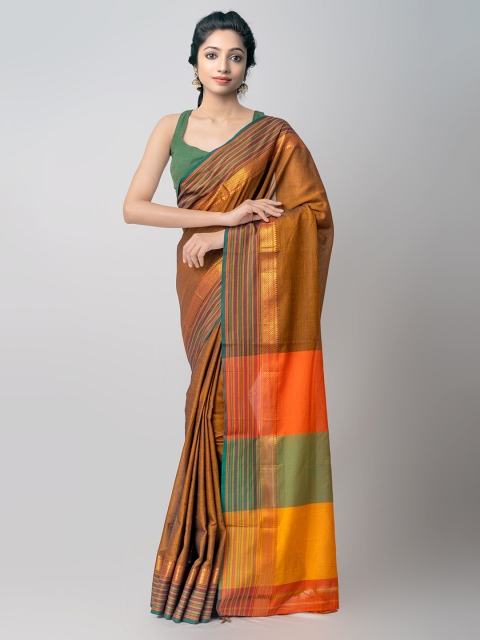 

Unnati Silks Brown & Orange Striped Pure Cotton Handloom Sustainable Narayan Peth Saree