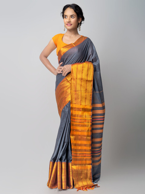 

Unnati Silks Grey & Yellow Woven Design Cotton Handloom Sustainable Narayan Peth Saree