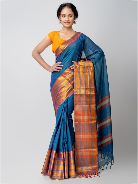 

Unnati Silks Blue Pure Cotton Handloom Sustainable Pavani Narayan Peth Saree