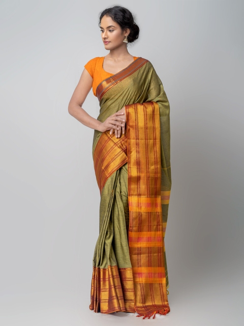 

Unnati Silks Green & Maroon Zari Pure Cotton Narayan Peth Saree