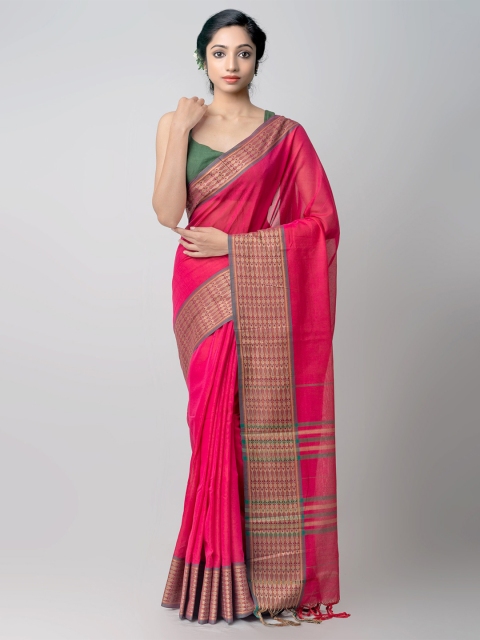 

Unnati Silks Pink & Gold Solid Pure Cotton Narayanpeth Saree