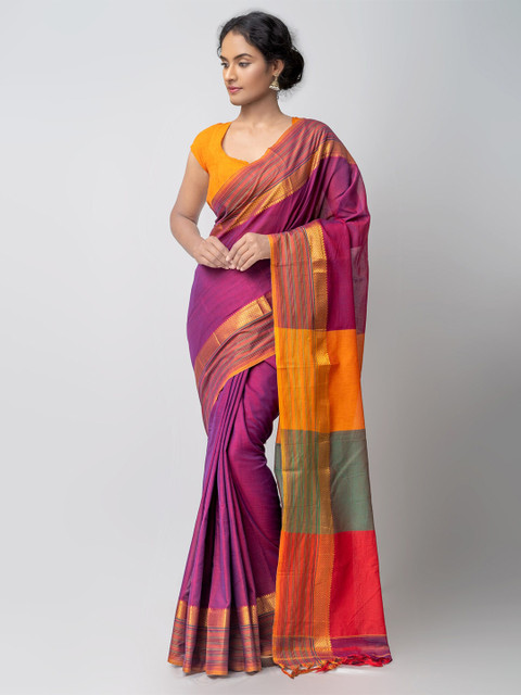 

Unnati Silks Purple & Orange Zari Pure Cotton Narayan Peth Saree