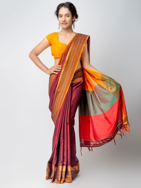 

Unnati Silks Maroon & Gold-Toned Woven Design Zari Pure Cotton Narayan Peth Saree