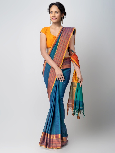 

Unnati Silks Teal & Mustard Woven Design Pure Cotton Narayan Peth Saree