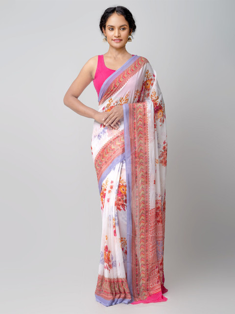 

Unnati Silks Cream-Coloured & Pink Floral Printed Art Chiffon Patola Saree