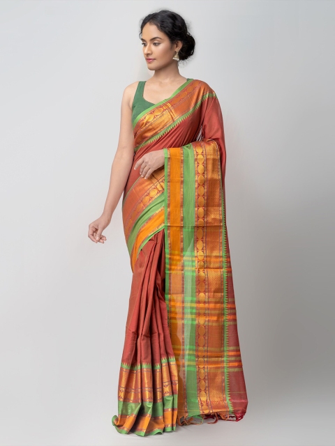 

Unnati Silks Red & Green Solid Pure Cotton Narayanpeth Saree