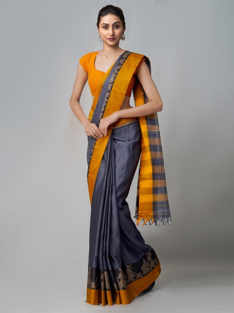 

Unnati Silks Grey & Mustard Pure Cotton Handloom Sustainable Narayan Peth Saree