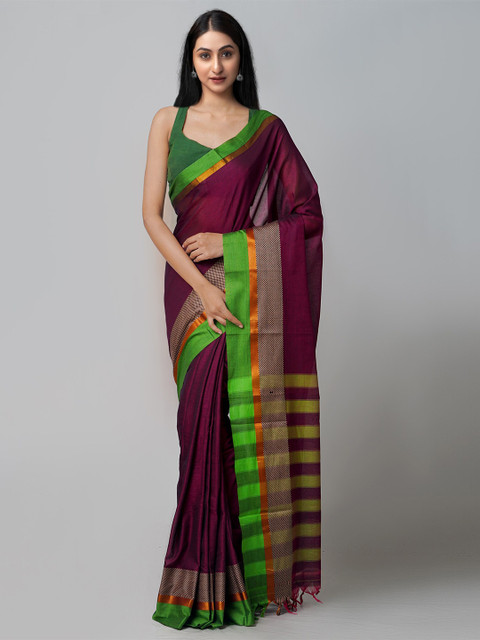 

Unnati Silks Burgundy Woven Design Handloom Sustainable Pavani Narayanpet Cotton Saree