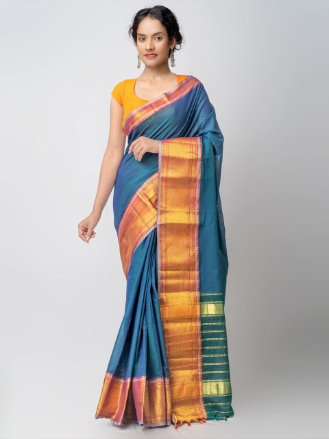 

Unnati Silks Blue & Gold-Toned Zari Pure Cotton Narayan Peth Saree