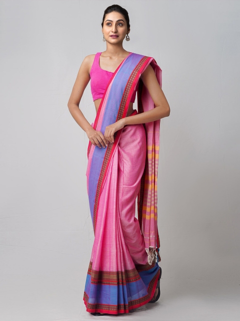 

Unnati Silks Pink & Blue Pure Cotton Narayan Handloom Sustainable Peth Saree