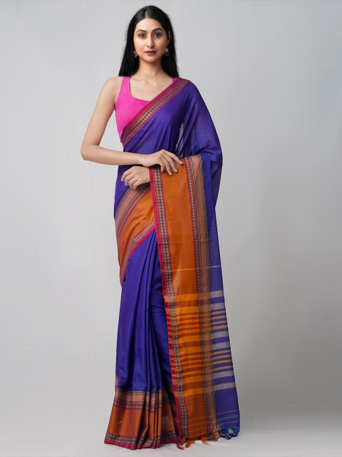 

Unnati Silks Blue & Orange Pure Cotton Handloom Sustainable Narayan Peth Saree