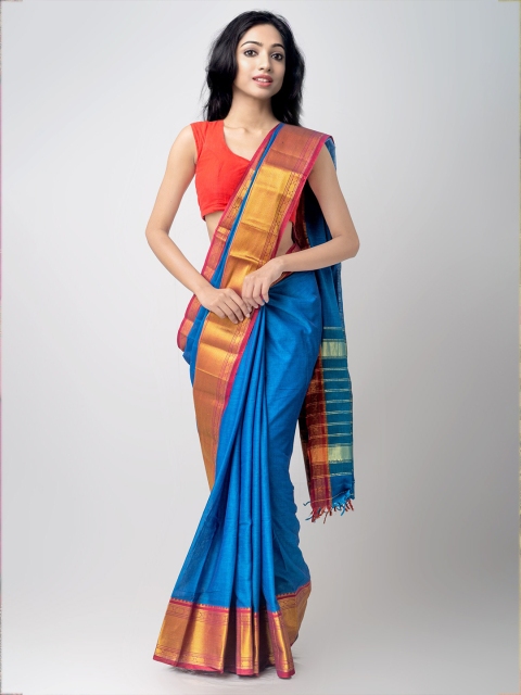 

Unnati Silks Blue & Orange Woven Design Pure Cotton Narayan Peth Saree
