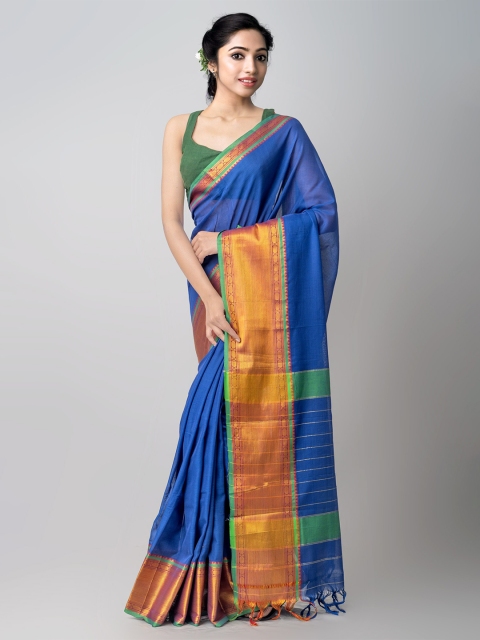 

Unnati Silks Blue & Gold-Toned Ethnic Motifs Zari Pure Cotton Narayan Peth Saree
