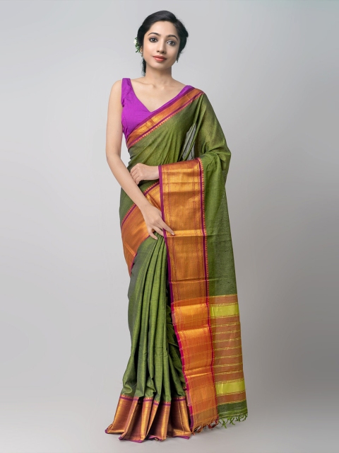 

Unnati Silks Green & Purple Solid Pure Cotton Narayanpeth Saree