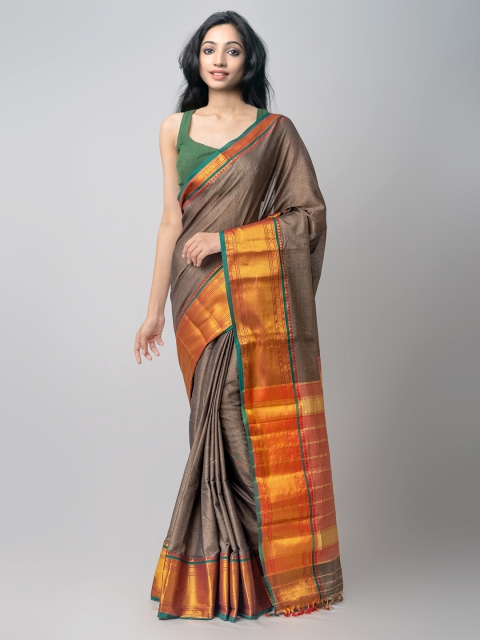 

Unnati Silks Grey & Teal Zari Pure Cotton Narayan Peth Saree