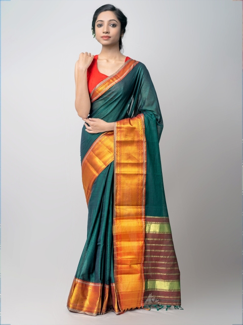 

Unnati Silks Green & Orange Woven Design Pure Cotton Narayan Peth Saree