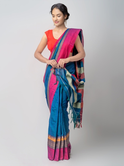 

Unnati Silks Blue & Fuchsia Pure Cotton Handloom Sustainable Narayan Peth Saree